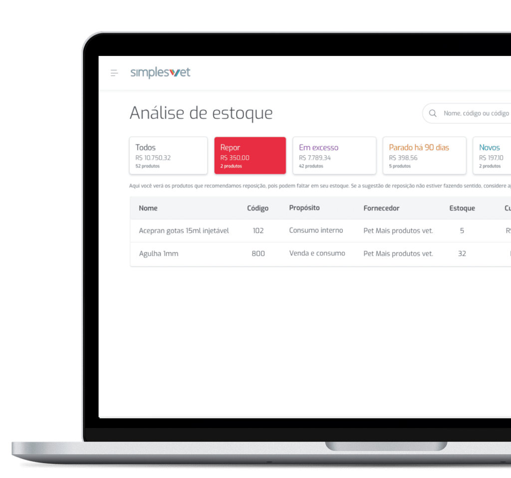 Notebook pela metade com aberto na tela de análise de estoque, mostrando os produtos que precisam de reposição